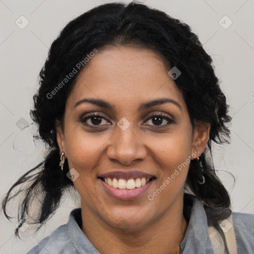 Joyful black young-adult female with medium  black hair and brown eyes