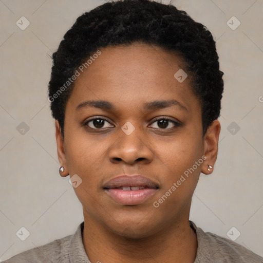 Neutral black young-adult female with short  black hair and brown eyes