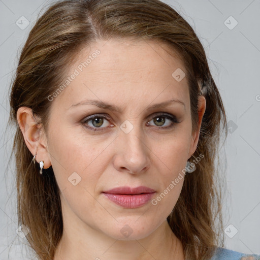 Joyful white young-adult female with medium  brown hair and blue eyes