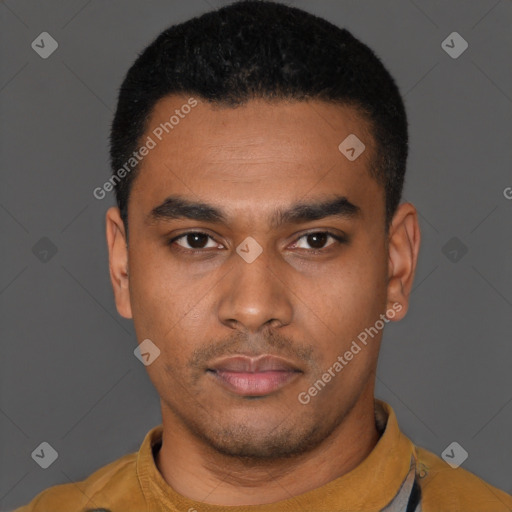 Neutral latino young-adult male with short  black hair and brown eyes