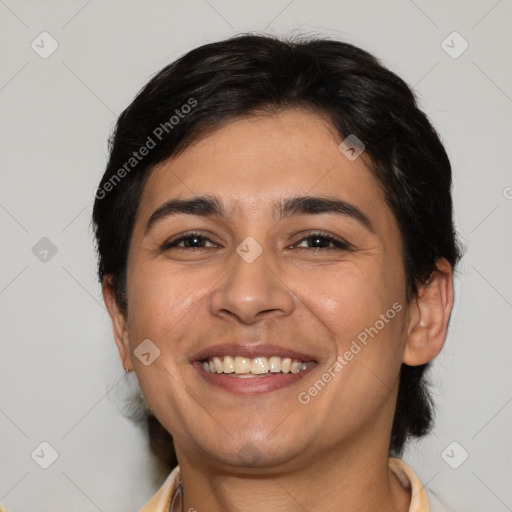 Joyful white young-adult female with short  brown hair and brown eyes