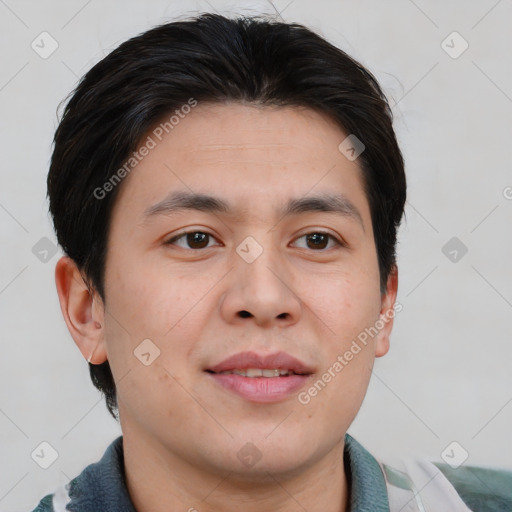 Joyful asian young-adult male with short  brown hair and brown eyes