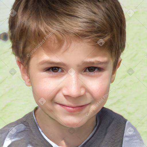 Joyful white child male with short  brown hair and brown eyes