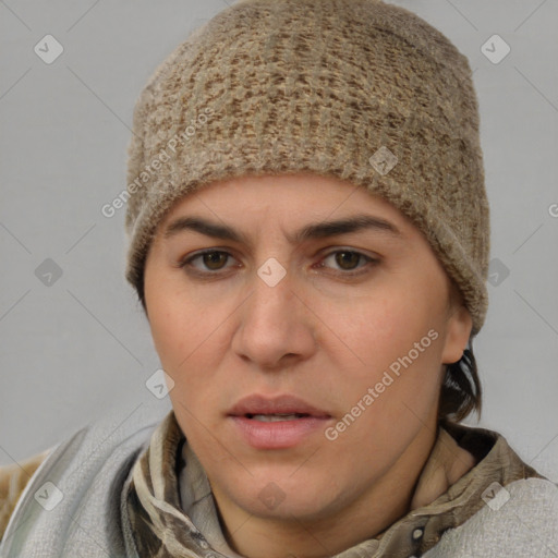 Neutral white young-adult female with short  brown hair and brown eyes