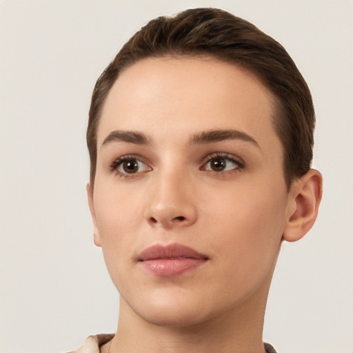 Neutral white young-adult female with short  brown hair and brown eyes