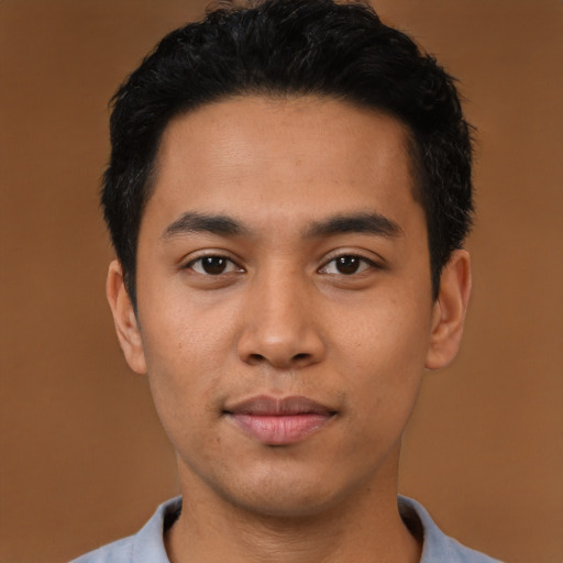 Neutral asian young-adult male with short  black hair and brown eyes