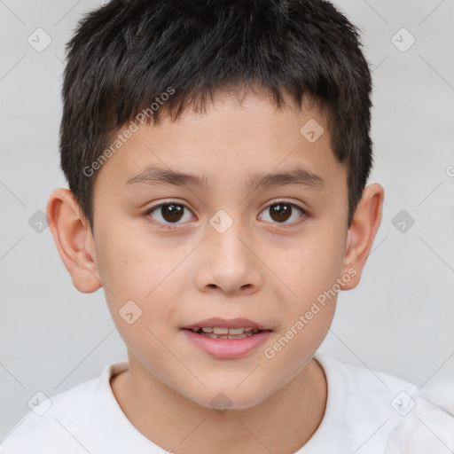 Joyful white child male with short  brown hair and brown eyes