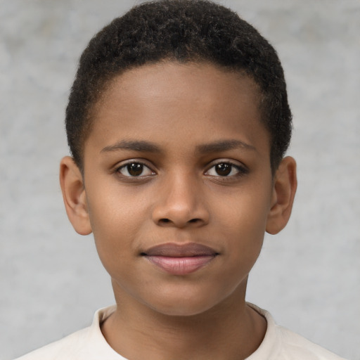 Joyful black child female with short  brown hair and brown eyes