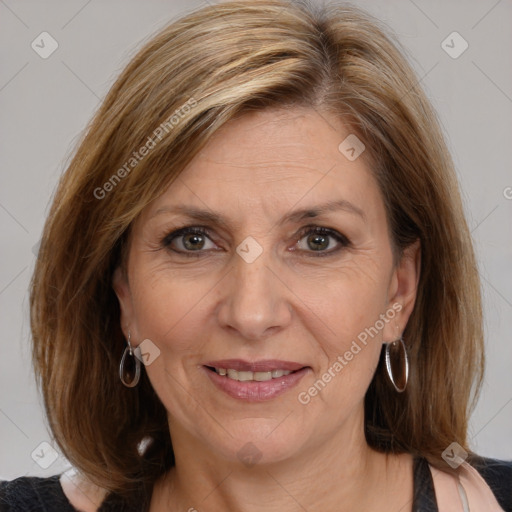 Joyful white adult female with medium  brown hair and brown eyes