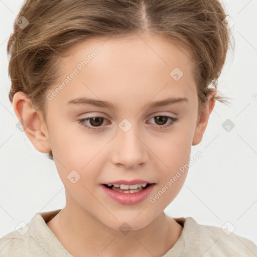 Joyful white child female with short  brown hair and grey eyes