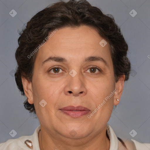 Joyful white adult female with short  brown hair and brown eyes