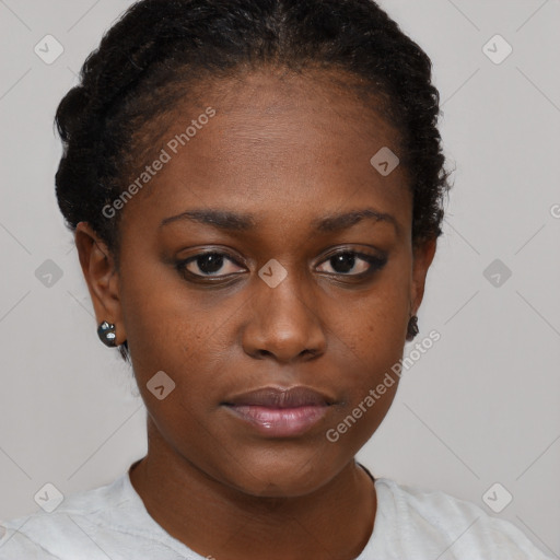 Neutral black young-adult female with short  brown hair and brown eyes