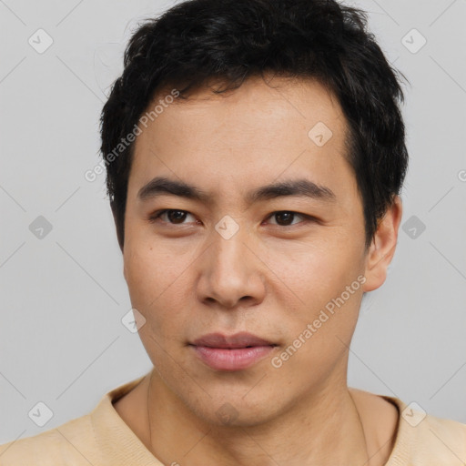 Neutral asian young-adult male with short  black hair and brown eyes