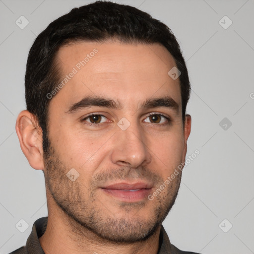 Joyful white young-adult male with short  brown hair and brown eyes