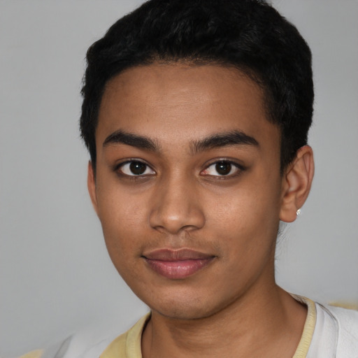 Neutral latino young-adult male with short  black hair and brown eyes