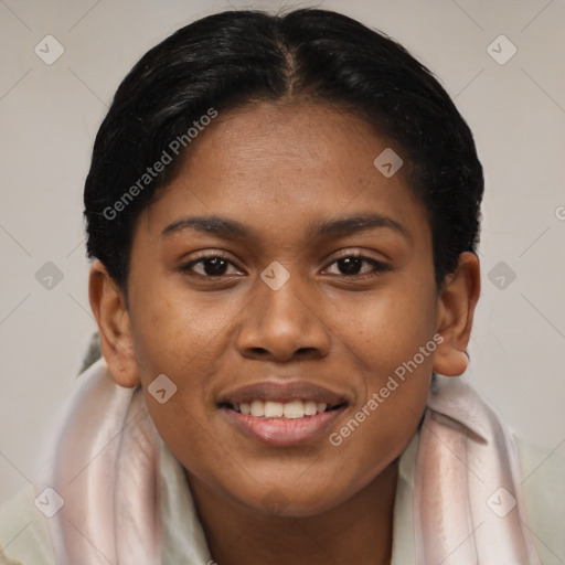 Joyful latino young-adult female with short  brown hair and brown eyes