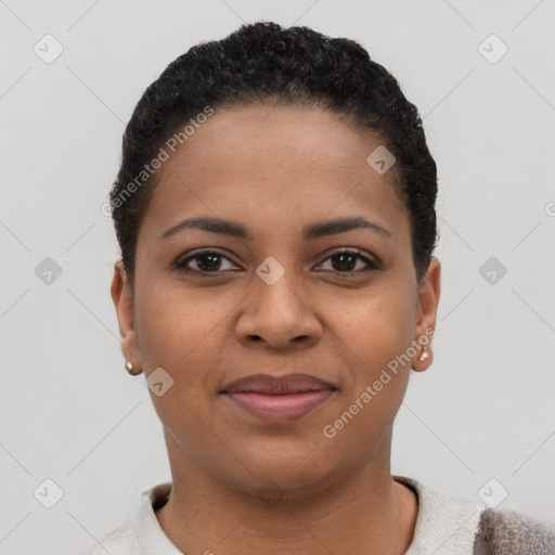 Joyful latino young-adult female with short  brown hair and brown eyes