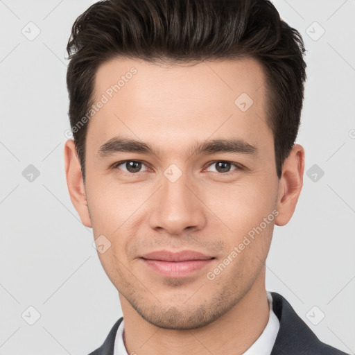 Joyful white young-adult male with short  brown hair and brown eyes