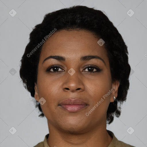 Neutral black young-adult female with short  black hair and brown eyes