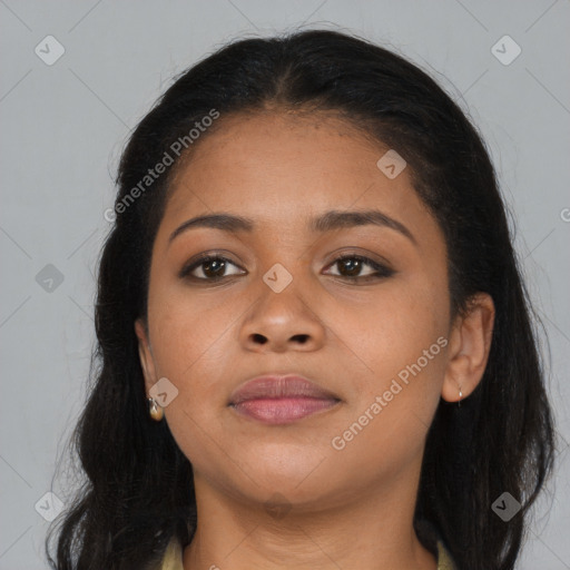 Joyful asian young-adult female with long  brown hair and brown eyes