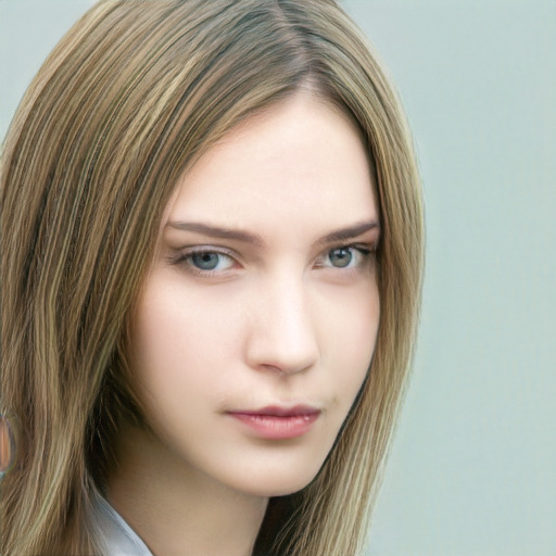 Neutral white young-adult female with long  brown hair and green eyes