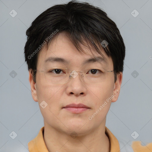 Neutral asian young-adult male with short  brown hair and brown eyes