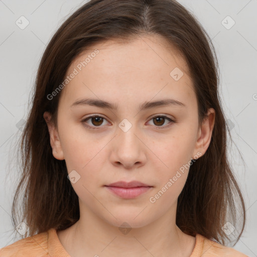 Neutral white young-adult female with medium  brown hair and brown eyes