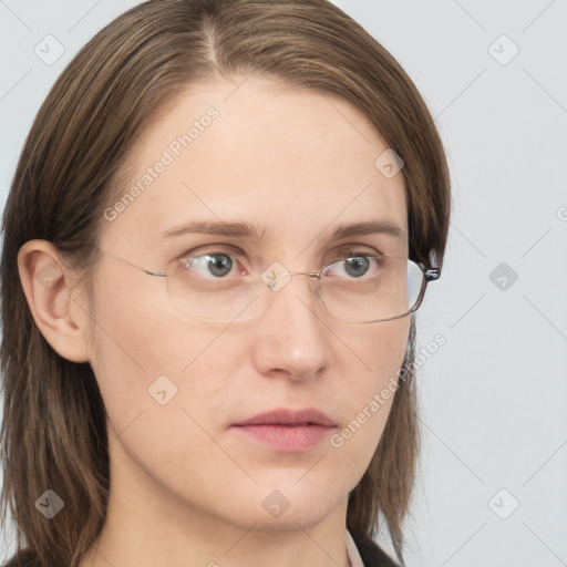 Neutral white young-adult female with long  brown hair and grey eyes