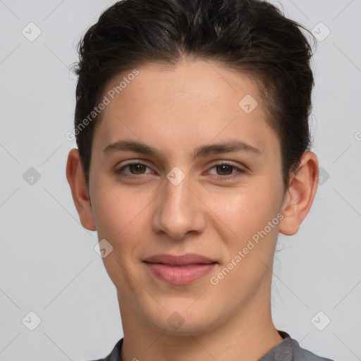 Joyful white young-adult female with short  brown hair and brown eyes