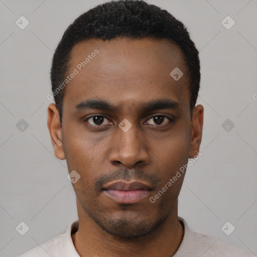 Neutral black young-adult male with short  black hair and brown eyes