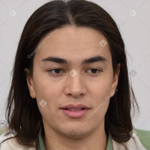 Joyful white young-adult male with medium  brown hair and brown eyes