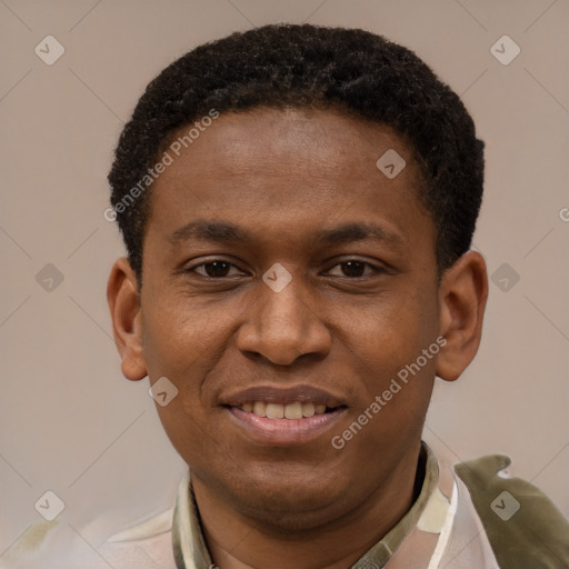 Joyful latino young-adult male with short  brown hair and brown eyes