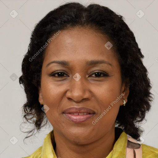 Joyful black adult female with medium  brown hair and brown eyes