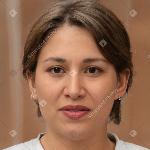 Joyful white adult female with medium  brown hair and brown eyes