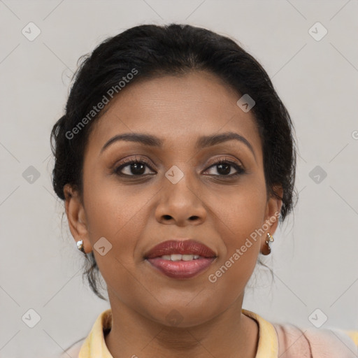 Joyful latino young-adult female with medium  brown hair and brown eyes