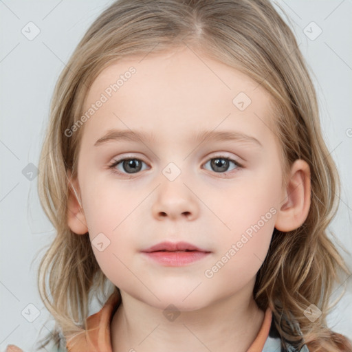 Neutral white child female with medium  brown hair and grey eyes