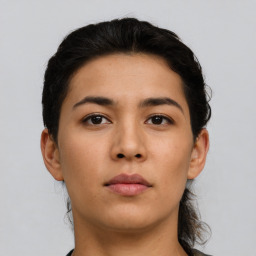 Neutral asian young-adult female with short  black hair and brown eyes