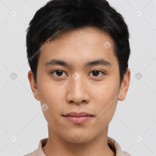 Neutral asian young-adult male with short  brown hair and brown eyes