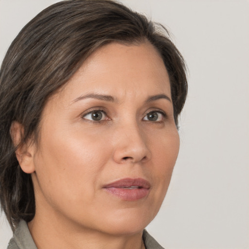 Neutral white adult female with medium  brown hair and brown eyes