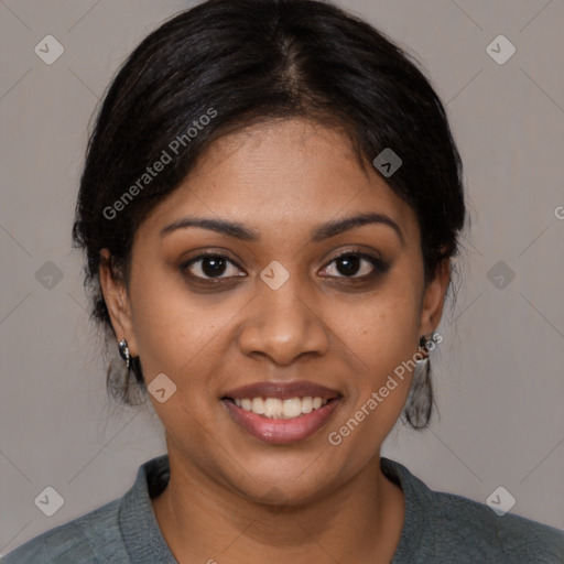 Joyful black young-adult female with medium  black hair and brown eyes