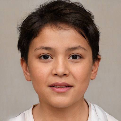 Joyful white child female with short  brown hair and brown eyes