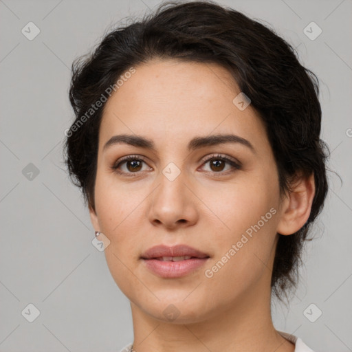 Neutral white young-adult female with medium  brown hair and brown eyes