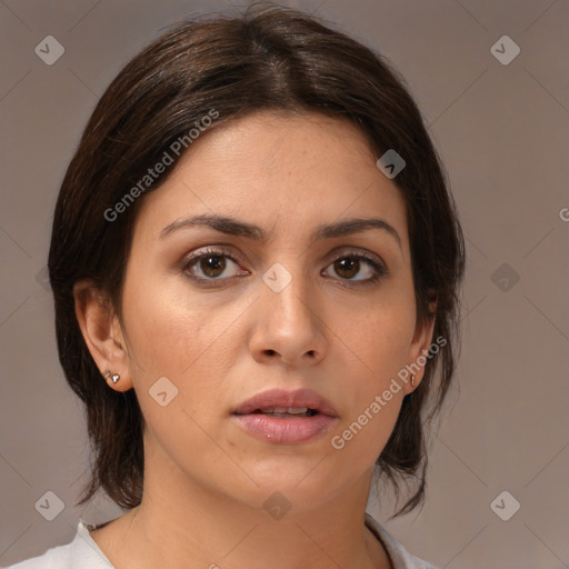 Neutral white young-adult female with medium  brown hair and brown eyes