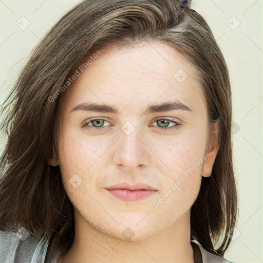 Neutral white young-adult female with long  brown hair and grey eyes