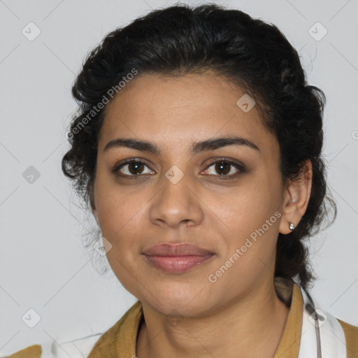 Joyful latino young-adult female with medium  brown hair and brown eyes