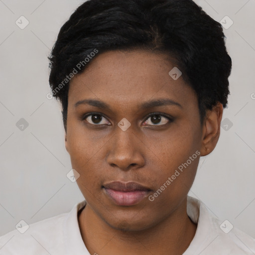 Neutral black young-adult female with short  black hair and brown eyes