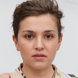 Neutral white young-adult female with short  brown hair and brown eyes