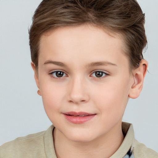 Joyful white child female with short  brown hair and brown eyes