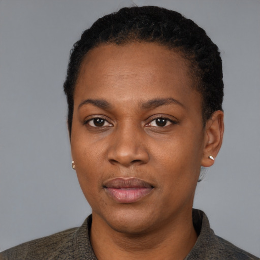 Neutral black young-adult female with short  black hair and brown eyes