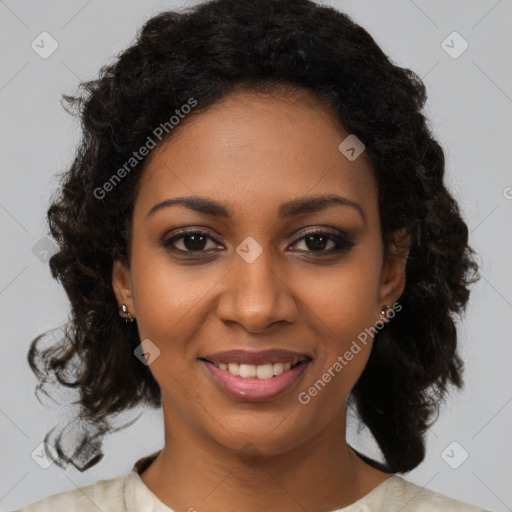 Joyful black young-adult female with medium  brown hair and brown eyes